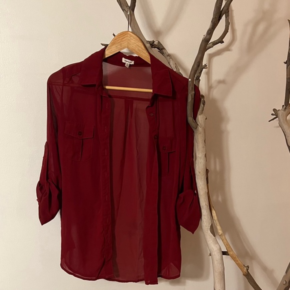TeenBell Tops - Sheer Burgundy/Maroon Rolled Sleeve Button Down